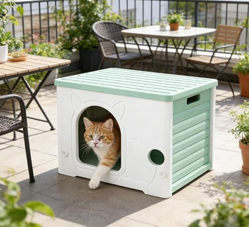 Cat House Cave All-Weather Outdoor Insulated Waterproof Pet Kennel Shelter for Stray Cats Small Dogs Rabbit Heavy Duty Easy Clean Backyard, Garage, Indoor Use (Green, 1pc)