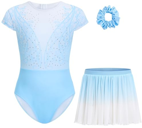 Gogokids Girls' Gymnastics Leotard Set with Skirt, Short Sleeve Sparkly Gems & Print Dancewear 3-Piece Gymnastic Unitard for Ballet, Yoga, Performance | Includes Hair Tie | Ages 3-12