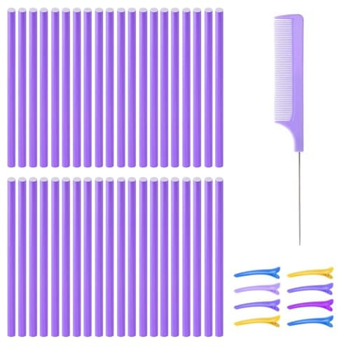 Kit de 40 Bigoudis Sans Chaleur, 1 Peigne Queue d’Acier, 8 Pinces Couleurs Aléatoires, Mousse Souple, Flexible, pour Cheveux Mi-Longs à Longs, Usage Nocturne, Chambre, Voyage (Violet)
