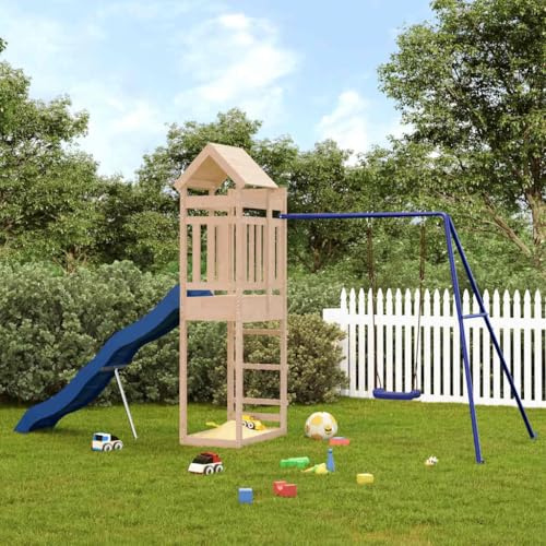 mzdioop Torre de juegos de madera maciza de pino con tobogán ondulado y columpio individual, juguete de jardín para niños de 3 a 8 años, estructura de escalada con caja de arena, parque infantil para