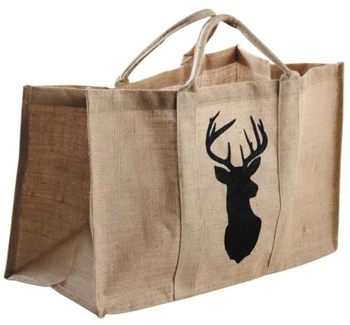 AUBRY GASPARD - Sac à Bûches Jute Naturel - Motif Cerf Noir - 60x30x40 cm - Intérieur Lavable - Poignées Renforcées - Capacité 72L - Charge Max 50 kg - Multiusage Anti-poussière