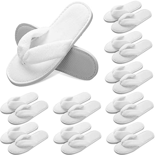 Unittype 10 Pairs Spa Slippers Flip Flops Thong Sandal Slippers Soft Coral Fleece for House Guest Hotel(White)