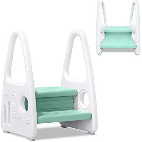 TRMLBE Sgabello per Bambini a Due Gradini in Plastica Antiscivolo con Corrimano Torre di Apprendimento Scaletta per Bagno della Camera dei Bambini (Verde Chiaro)