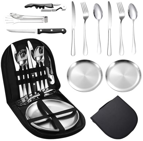 Campingbesteck Set für 2 Personen, Tragbares Edelstahl Outdoor Geschirr Set