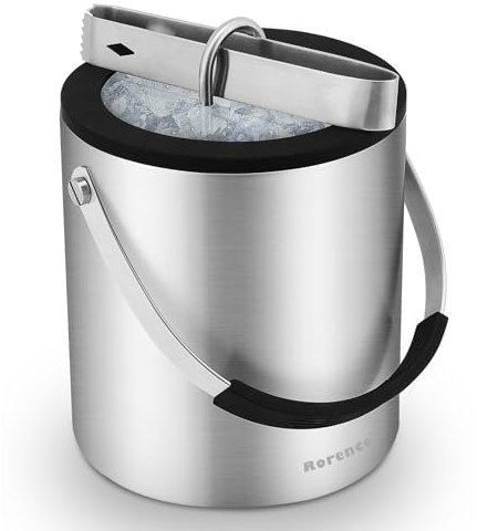 Rorence Edelstahl-Eiskübel 2L mit Luftdichtem Deckel, Sieb und Eiszange, Lange Kühlung Doppelwandiger Isolierter Eiswürfelbehälter Eimer für Bier Champagner Wein