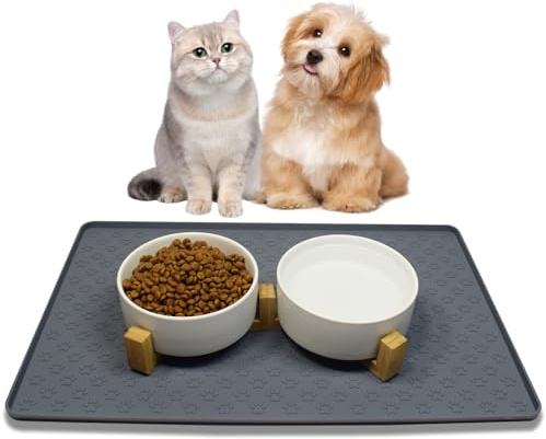 Nesirooh Comedero Perro Gato de Cerámica, Cuenco y Bebedero con Soporte de Bambú y Alfombrilla Antideslizante para Gatos y Perros Pequeños (400 ml, 2 Blancos)