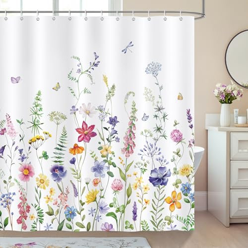 Bonhause Cortina de Ducha Flores Silvestres Coloridas Primavera Floral Planta Azul Púrpura Cortina de Baño de Poliéster Impermeable Antimoho Lavable Cortina Ducha 180 x 180 cm con 12 Ganchos