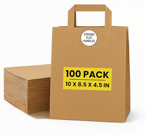 Brown Kraft Paper Bags with Handles – 100 Medium Recyclable Biodegradable SOS Carrier Bag (10 x 8.5 x 4.5) | Eco-Friendly, Strong Takeaway, Grocery, Shopping, Lunch, Party & Gift Bags for Catering