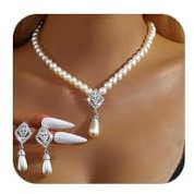 Pearl Smycken Set Dam 925 Silver Pärlor Set Tårdroppe Halsband och Örhängen med Zirkonia Glamour Pärlor Hänge för Kvinnor Flickor Bröllop Brud och Brud och Brudtärna