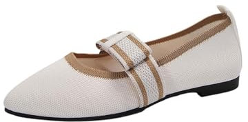 UK 6 Women's Knit Mary Jane Ballet Flats Pumps Ballerina Pointed Toe Strap Comfortable Ballerina Shoes Ballet Shoes Ladies Flats Dolly Pumps A0_Clearance Beige