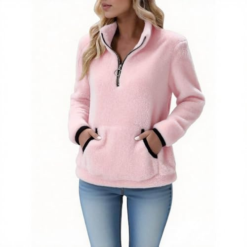 Ladies Fleece Jackets, Sherpa Fleece Jumper for Women 1/4 Zip Fluffy Pullover Long Sleeve Teddy Sweatshirts Autumn Winter Outfits Plain Thermal Warm Fuzzy Sweaters Coats Tops with Pockets