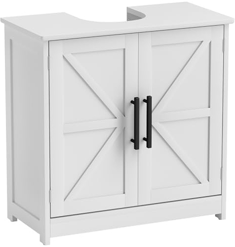 HOMCOM Meuble sous lavabo, Meuble de Salle de Bain avec 2 Portes magnétiques Style Grange et étagères réglables, Armoire de Salle de Bains sous lavabo, Style Ferme, 60 x 30 x 60 cm, Blanc