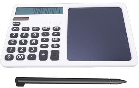 Plyisty Kalkylator Med Anteckningsblock Och Stylus, 12-Siffrig Stor Display, Rensa/Låsa Med Ett Klick, Solcellsbatteri Med Dubbel Strömförsörjning, För Skola, Kontor Och Företag (Vit)