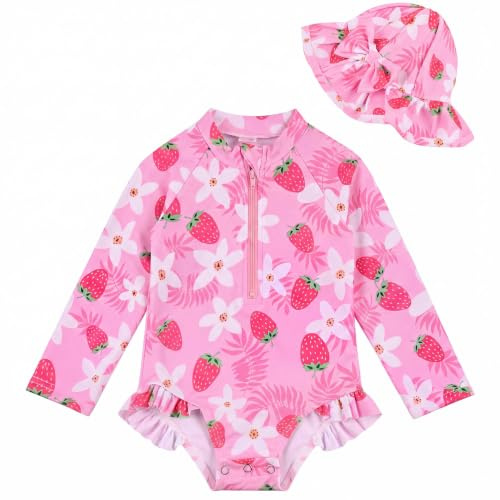 Traje de Baño para Niñas Pequeñas, Bañador con Gorro para el Sol y Manga Larga, Protección UPF 50+, con Cremallera, para Niñas de 3 a 36 Meses, Ideal para la Playa y la Piscina