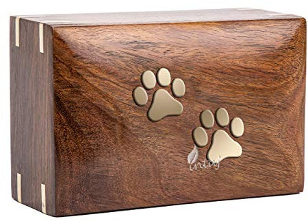 INTAJ Urna de Palisandro para Cenizas de Perros y Gatos - Hecha a Mano Con Incrustaciones de Patas - Caja de Madera Decorativa de Recuerdo