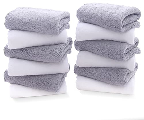 TENSTARS 12 Pack Premium Washcloths Set - Quick Drying- Soft Microfiber Coral Velvet Highly Absorbent Wash Clothes - Multipurpose Use as Bath, Spa, Facial, Fingertip Towel (Grey and White)
