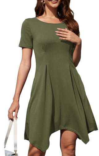 Alaster Queen Damen Kleid Sommerkleid leicht Strandkleid T-Shirtkleid Knielanges Kleid A-Linie Tunika Kleid Kurzarm Rundhalsausschnitt Kleid mit Taschen Kleider Freizeitkleid，Grün，XXL