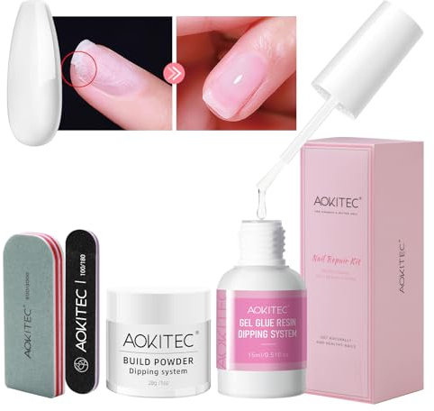 Aokitec 4 PCS Dip Powder Nail Repair Kit for Broken Natural Nails, 28g Dipping Build Powder & Nail Repair Glue, Quick Nail Repair Nail Hardener Nail Strengthener Treatment for Damaged Weak Split Nails
