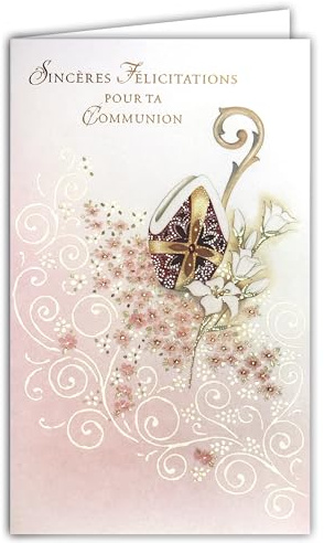 AFIE 19-624 Tarjeta portabillete SINCERAS FELICITACIONES POR TU COMUNIÓN Dorado con sobre blanco en formato 19,5x12cm Flores rosas para niña comunicante Cruz cristiana católica Mitre Cross obispo