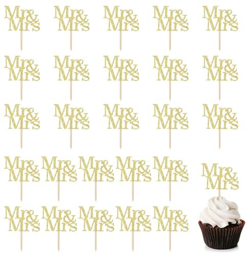 Lot de 24 décorations de cupcake pour mariage, anniversaire, fiançailles, demande - Paillettes dorées - Décoration de gâteau de fête Mr & Mrs