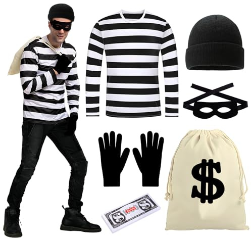 Dongcill Disfraz de Ladrón, Juego de Disfraces de Ladrones para Hombres, Ladrón de Bancos Cosplay, Disfraz de Ladrón Criminal Halloween para Adultos, para Cosplay Carnaval Fiesta - 6pcs
