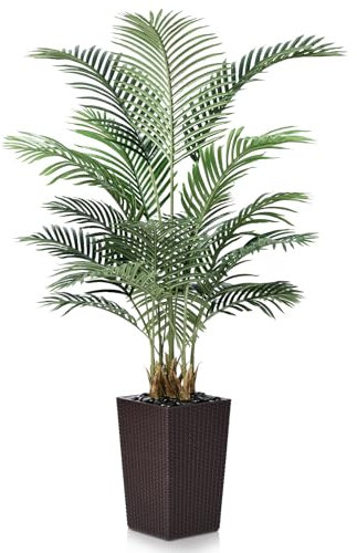 VeriNatural konstpalm 150 cm konstgjord växt med brun nätkruka – dekorativa konstgjorda växter som äkta, konstträd stor UV-resistent och flodsten – för vardagsrum, balkong, kontor, badrum och trädgård