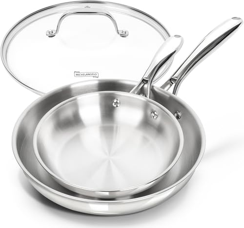 MICHELANGELO Stainless Steel Frying Pan Set with Lid, 20cm & 26cm | Versatile uncoated 18/10 stainless steel cookware set with 20cm & 26cm pans, lid and durable tri-ply bases.