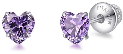 Limerencia Heart Birthstone Screw Backs Earrings G23 Implant Grade Titanium Stud Earrings 20G Hypoallergenic Cubic Zirconia Tragus Piercing Post for Sensitive Ears(5 mm, Purple CZ)