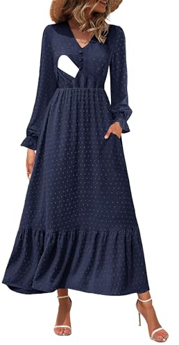 CzzzyL Women Nursing Boho Maxi Dress 2024 V Neck Swiss Dot Smocked High Waisted A-Line Ruffle Tiered Long Dress with Pockets, S-navy, L
