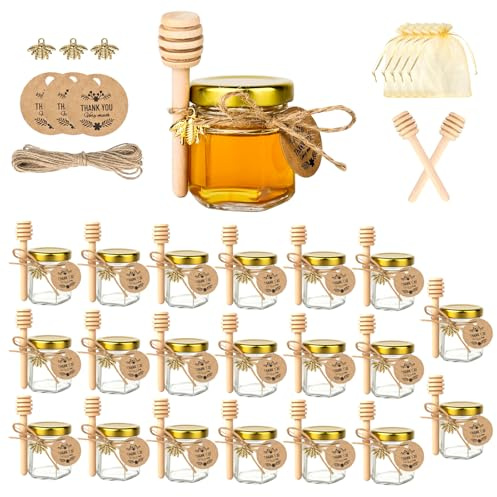MJFENDAI 20 Stück Mini Glas Honiggläser, 45 ml Hexagon Honigglas mit Honiglöffel, Goldene Geschenktüten, Honiggeschenke für Baby Shower, Hochzeit Gastgeschenk und Party