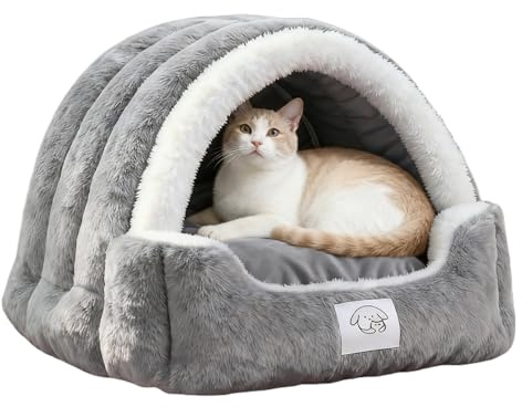 Lit pour chat – 55 x 45 x 35 cm – Niche chaude pour chat – Coussin doux amovible – Tente confortable pour intérieur ou extérieur – Pour salon, chambre à coucher, terrasse, balcon – Accessoire