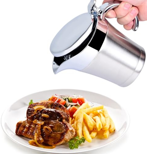 Gravy Boat with Lid, Stainless Steel Gravy Jug, Double Wall Insulated Thermal Serving Jug for Gravy, Custard, Cream, Sauce (450ML)