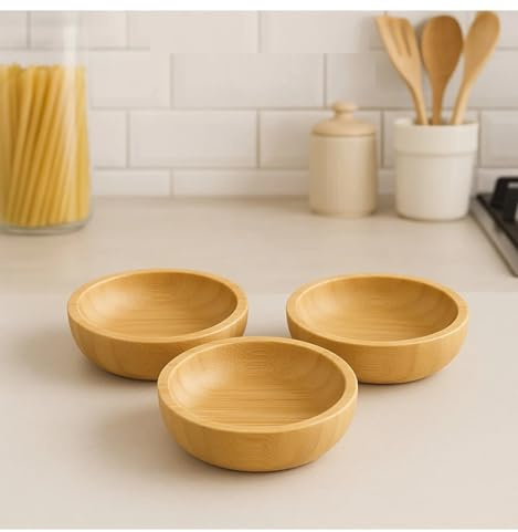 Set de 3 cuencos para salsas – de cristal o bambú – Mini cuencos para ketchup, mayonesa, salsas, dips, mermelada, miel, mantequilla, aperitivos, frutos secos, entrantes y postres – Cuencos de servir