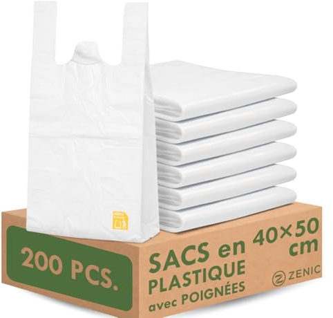 Zenic Sac Plastique Transparent 40x50 cm avec Poignées | 200 Unités | Sachets Plastiques avec Anses Translucides | pour Primeur, Boucherie, Poissonnerie, Marché & Commerce