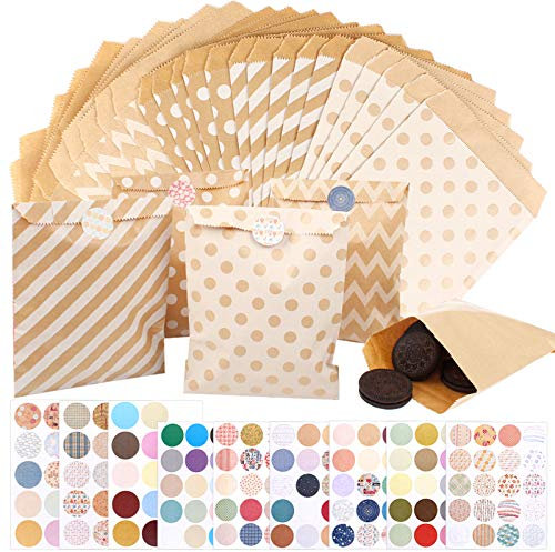125 x Kraft Paper Bags with 144 Stickers for Sweets and Sweets for Weddings and Cookies