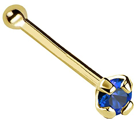 Jewelry Avalanche 22G Solid 14Kt Gold Nose Bone Stud with Prong Set real Blue Sapphire Gemstone, 14kt Yellow Gold or 14kt White Gold - September Birthstone Nose Ring-NBYG_SP-1.5MM