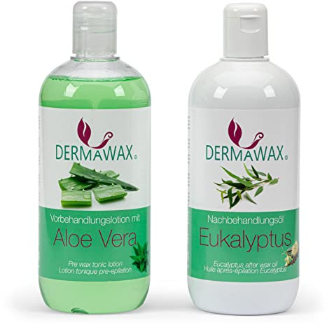 Dermawax Vor- & Nachbehandlung Set 2x500 ml – Aloe Vera Lotion vor der Haarentfernung + Eukalyptusöl Pflege danach – Entfernt Wachsreste, beruhigt & schützt die Haut