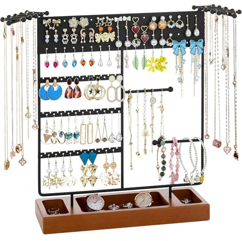 X-cosrack Earring Holder, Ear Stud Organizer with Wooden Tray,Earring Display Stand with 360° Rotating Necklace Holder,Jewelry Organizer Stand for Earrings Bracelets Watches and Rings,Black
