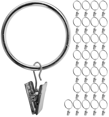 Gardinklämmor med Ringar, 30 stycken, i Silverfärg, Ø 45 mm utvändigt, Ø 38 mm invändigt, gardinringar klämkrokar, gardinklämmor dragringar, multifunktionell krokklämma, hållare för duschdraperi