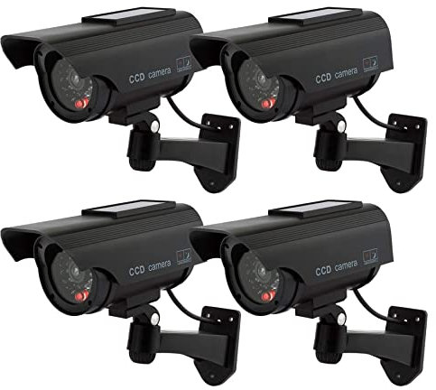 ATTA Solar Fake Security Camera, Bullet Dummy Security Camera Surveillance System with Realistic Red Flashing Lights Indoor Outdoor for Home and Business (4, Black)