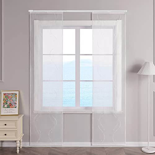 ESLIR Schiebegardinen Voile Flächenvorhänge Set 2er Schiebevorhang Wohnzimmer Gardinen mit Klettband Transparent Vorhang Bestickt Weiß BxH 57x145cm 2 Stück