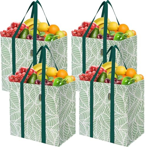 BALEINE 4 PK Grocery Bags Reusable Shopping Bags with Reinforced Bottom, Heavy Duty Foldable Tote Bags (Antique Folidage)