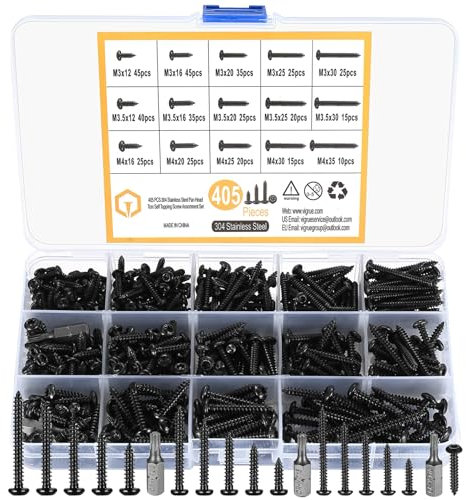 405 Stück schwarz Rundkopfschrauben Set, M3/M3.5/M4, Torx Holzbauschrauben, Edelstahl Blechschrauben, Flachkopfschrauben, selbstschneidende Schraube Sortiment Kit, mit 3 Stück Bits
