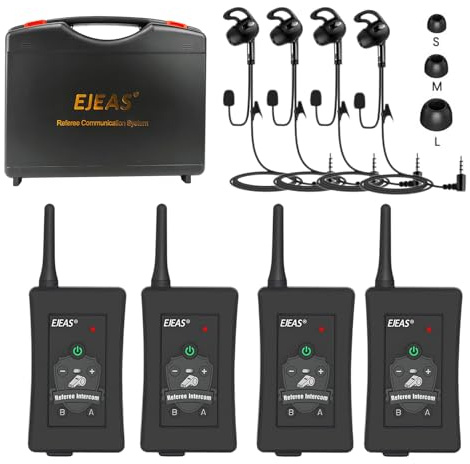 EJEAS FBIM Professionellt intercom Bluetooth-headset för fotbollsdomare, 1 500 m, 4-sitsig intercom online, CVC-brusreducering, IP65 vattentät, med bärväska (4-pack)