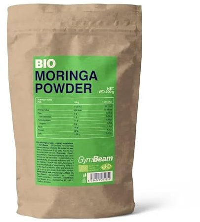 GymBeam Bio-Moringa-Pulver - Hochwertiges Moringa Oleifera-Pulver, reich an Proteinen & Ballaststoffen, unterstützt Blutdruck, mit Antioxidantien zur Bekämpfung von oxidativem Stress, 200 g