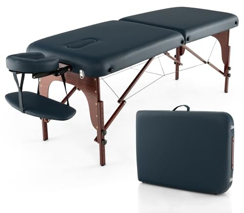 GOPLUS Massageliege, 2 Zonen Massagetisch aus Holz bis 200kg belastbar, Massagebank klappbar & höhenverstellbar, Massagebett mit Kopfstütze, Armlehnen & Tragetasche für Spa, Marineblau
