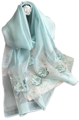 LumiSyne Sciarpa Di Seta Di Gelso Foulard Chiffon Donna Delicato Ricamo a Fiore Di Loto Tulle Trasparente Leggero Morbido Sciarpa Lunga Scialle Di Protezione Solare Stole Primavera Autunno