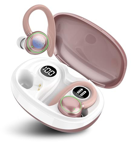 PEFUPEW Bluetooth Kopfhörer Sport, Kopfhörer Kabellos Bluetooth 5.3 mit 4 Mic, In Ear Kopfhörer ENC Noise Cancelling, HiFi Stereo Ohrhörer mit LED-Anzeige, 48 Std Spielzeit, IP7 Wasserdicht,Roségold