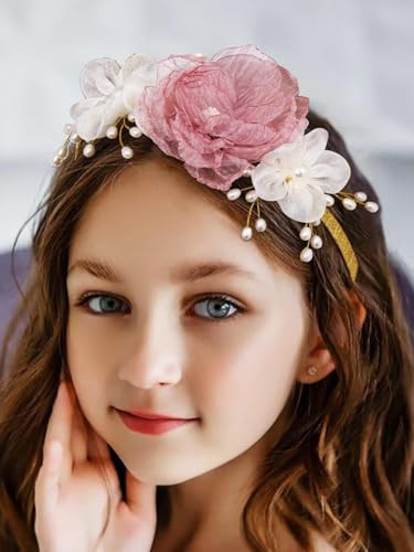 IYOU Filles Princesse Serre-tête Rose Fleurs Bandeaux Perles Anniversaire Mariage Communion Accessoires de Cheveux pour Enfants