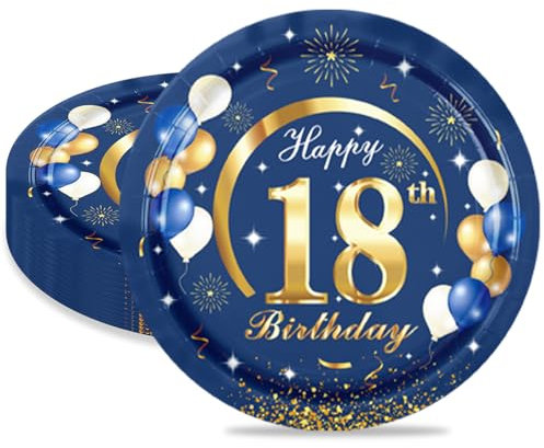 MORAINJAY 16 Pièces Assiette pour Fête Anniversaire 18 ans,9 Pouces/23cm Bleu Or Papier Assiette Dessert Plateau Vaisselle pour Décoration Anniversaire 18 ans Homme Femme